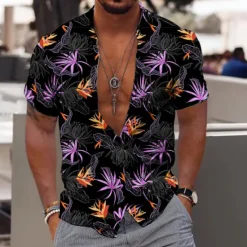 Sale OUKU Men's Hawaiian Aloha Leaves Shirt Summer Shirt Summer Hawaiian Shirt Short Sleeve Fashion Designer Casual Outdoor Casual Holiday Summer Spring Turndown Print Button-Down Black-White Black Purple