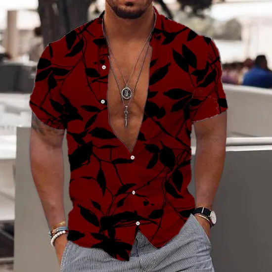 Online OUKU Men's Hawaiian Aloha Leaves Shirt Summer Hawaiian Shirt Short Sleeve Fashion Designer Casual Outdoor Casual Holiday Summer Spring Turndown Print Button-Down White Red Navy Blue Blue Purple