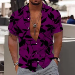 Online OUKU Men's Hawaiian Aloha Leaves Shirt Summer Hawaiian Shirt Short Sleeve Fashion Designer Casual Outdoor Casual Holiday Summer Spring Turndown Print Button-Down White Red Navy Blue Blue Purple