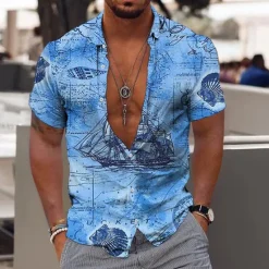 New OUKU Men's Hawaiian Aloha Nautical Shirt Summer Shirt Summer Hawaiian Shirt Short Sleeve Fashion Designer Casual Outdoor Casual Holiday Summer Spring Turndown Print Button-Down Red Blue Green Khaki Gray