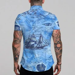 New OUKU Men's Hawaiian Aloha Nautical Shirt Summer Shirt Summer Hawaiian Shirt Short Sleeve Fashion Designer Casual Outdoor Casual Holiday Summer Spring Turndown Print Button-Down Red Blue Green Khaki Gray
