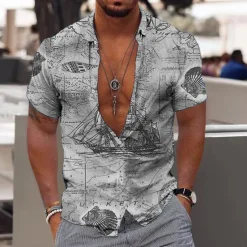 New OUKU Men's Hawaiian Aloha Nautical Shirt Summer Shirt Summer Hawaiian Shirt Short Sleeve Fashion Designer Casual Outdoor Casual Holiday Summer Spring Turndown Print Button-Down Red Blue Green Khaki Gray
