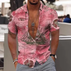 New OUKU Men's Hawaiian Aloha Nautical Shirt Summer Shirt Summer Hawaiian Shirt Short Sleeve Fashion Designer Casual Outdoor Casual Holiday Summer Spring Turndown Print Button-Down Red Blue Green Khaki Gray