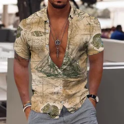 New OUKU Men's Hawaiian Aloha Nautical Shirt Summer Shirt Summer Hawaiian Shirt Short Sleeve Fashion Designer Casual Outdoor Casual Holiday Summer Spring Turndown Print Button-Down Red Blue Green Khaki Gray