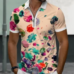 New OUKU Men's Hawaiian Polo Shirts Golf Shirt Short Sleeve Polo Shirts Collared Shirts Casual Beach Wear Vacation Wear Tropical Wear Party Outfits 3D Print Quarter Zip Polo Summer White Khaki