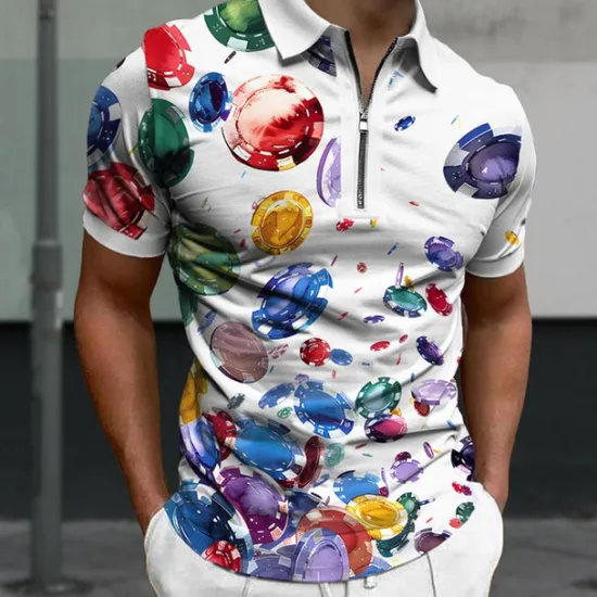 New OUKU Men's Hawaiian Polo Shirts Golf Shirt Short Sleeve Polo Shirts Collared Shirts Casual Beach Wear Vacation Wear Tropical Wear Party Outfits 3D Print Quarter Zip Polo Summer White Khaki