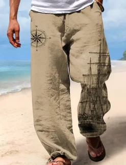 Best OUKU Men's Hawaiian Retro Pants Trousers 3D Print Straight Leg Trousers Mid Waist Drawstring Elastic Waist Outdoor Street Holiday Summer Spring Fall Relaxed Fit Inelastic