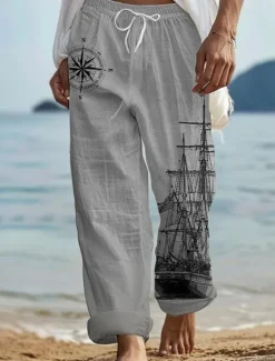 Best OUKU Men's Hawaiian Retro Pants Trousers 3D Print Straight Leg Trousers Mid Waist Drawstring Elastic Waist Outdoor Street Holiday Summer Spring Fall Relaxed Fit Inelastic