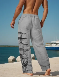 Best OUKU Men's Hawaiian Retro Pants Trousers 3D Print Straight Leg Trousers Mid Waist Drawstring Elastic Waist Outdoor Street Holiday Summer Spring Fall Relaxed Fit Inelastic