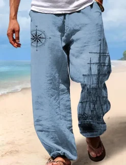 Best OUKU Men's Hawaiian Retro Pants Trousers 3D Print Straight Leg Trousers Mid Waist Drawstring Elastic Waist Outdoor Street Holiday Summer Spring Fall Relaxed Fit Inelastic