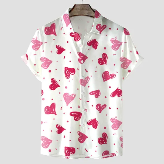 New OUKU Men's Heart Shirt Button Up Shirt Short Sleeve Tropical Fashion Hawaiian Casual Holiday Beach Summer Spring Turndown Print Button-Down Black White Wine Red Rainbow