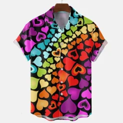 New OUKU Men's Heart Shirt Button Up Shirt Short Sleeve Tropical Fashion Hawaiian Casual Holiday Beach Summer Spring Turndown Print Button-Down Black White Wine Red Rainbow