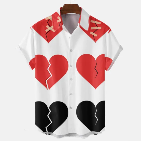 New OUKU Men's Heart Shirt Button Up Shirt Short Sleeve Tropical Fashion Hawaiian Casual Holiday Beach Summer Spring Turndown Print Button-Down Black White Wine Red Rainbow