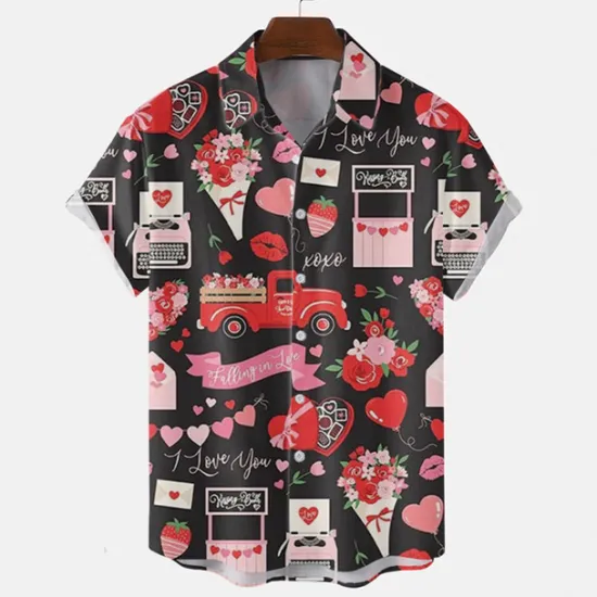 New OUKU Men's Heart Shirt Button Up Shirt Short Sleeve Tropical Fashion Hawaiian Casual Holiday Beach Summer Spring Turndown Print Button-Down Black White Wine Red Rainbow