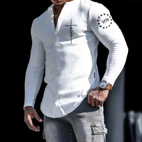 Discount OUKU Men's Henley Shirt Cool Shirt Long Sleeve Shirt Long Sleeve Henley Spring & Fall Letter Graphic Prints Designer Basic Casual Street Sports Holiday Black White Blue Top Tee for Men