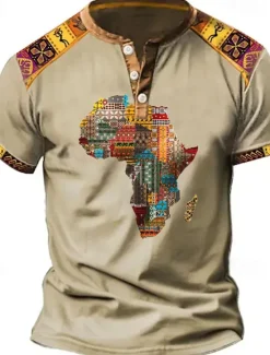 New OUKU Men's Henley Shirt Graphic Tribal Henley Clothing Apparel 3D Print Outdoor Daily Short Sleeve Button-Down Print Designer Ethnic Comfortable