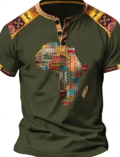 New OUKU Men's Henley Shirt Graphic Tribal Henley Clothing Apparel 3D Print Outdoor Daily Short Sleeve Button-Down Print Designer Ethnic Comfortable