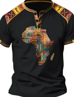 New OUKU Men's Henley Shirt Graphic Tribal Henley Clothing Apparel 3D Print Outdoor Daily Short Sleeve Button-Down Print Designer Ethnic Comfortable