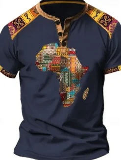 New OUKU Men's Henley Shirt Graphic Tribal Henley Clothing Apparel 3D Print Outdoor Daily Short Sleeve Button-Down Print Designer Ethnic Comfortable