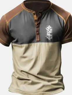 Discount OUKU Men's Henley Shirt Graphic Color Block Henley Clothing Apparel 3D Print Outdoor Daily Short Sleeve Button-Down Print Fashion Designer Comfortable