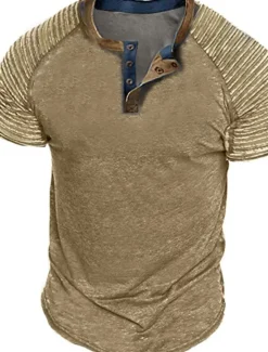 Online OUKU Men's Henley Shirt Plain Slim Pleated Henley Street Vacation Short Sleeves Pleated Sleeve Clothing Apparel Designer Basic Modern Contemporary