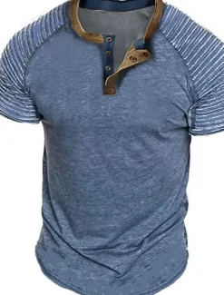 Online OUKU Men's Henley Shirt Plain Slim Pleated Henley Street Vacation Short Sleeves Pleated Sleeve Clothing Apparel Designer Basic Modern Contemporary