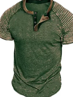 Online OUKU Men's Henley Shirt Plain Slim Pleated Henley Street Vacation Short Sleeves Pleated Sleeve Clothing Apparel Designer Basic Modern Contemporary