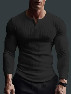 Discount OUKU Men's Henley Shirt Ribbed Knit tee Tee Top Long Sleeve Shirt Plain Pit Strip Henley Street Vacation Long Sleeve Clothing Apparel Fashion Designer Basic