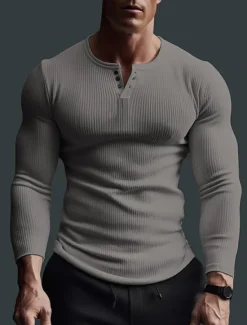 Discount OUKU Men's Henley Shirt Ribbed Knit tee Tee Top Long Sleeve Shirt Plain Pit Strip Henley Street Vacation Long Sleeve Clothing Apparel Fashion Designer Basic