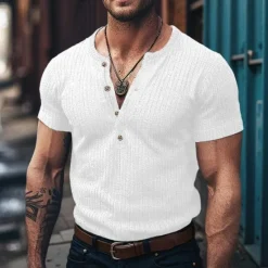 New OUKU Men's Henley Shirt Ribbed Knit tee Tee Top Plain Pit Strip Henley Street Vacation Short Sleeves Clothing Apparel Fashion Designer Basic