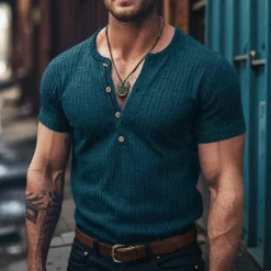 New OUKU Men's Henley Shirt Ribbed Knit tee Tee Top Plain Pit Strip Henley Street Vacation Short Sleeves Clothing Apparel Fashion Designer Basic
