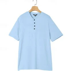 Online OUKU Men's Henley Shirt Short Sleeve Shirt Ribbed Knit tee Tee Top Short Sleeve Solid Color Daily Hawaiian Buttons Henley Outdoor Street Causal Summer Light Blue White Brown Henley T-Shirt