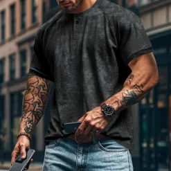 Best OUKU Men's Henley Shirt Tee Short Sleeve Solid Color Plain Distressed Buttons Washed Henley Outdoor Casual Daily Summer Spring & Fall Black Gray Navy Blue Henley T-Shirt