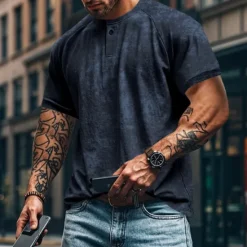 Best OUKU Men's Henley Shirt Tee Short Sleeve Solid Color Plain Distressed Buttons Washed Henley Outdoor Casual Daily Summer Spring & Fall Black Gray Navy Blue Henley T-Shirt