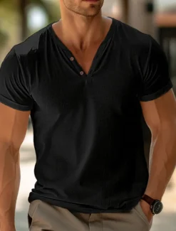 New OUKU Men's Henley Shirt Tee Top Plain V Neck Street Vacation Short Sleeves Clothing Apparel Fashion Designer Basic