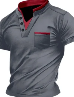 Discount OUKU Men's Henley Shirt Tee Top Plain V Neck Street Vacation Short Sleeves Front Pocket Clothing Apparel Fashion Designer Basic