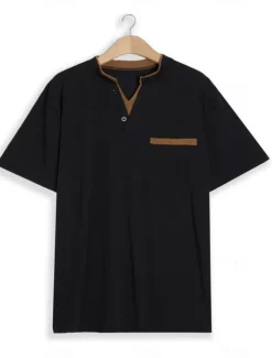 Discount OUKU Men's Henley Shirt Tee Top Plain V Neck Street Vacation Short Sleeves Front Pocket Clothing Apparel Fashion Designer Basic