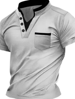 Discount OUKU Men's Henley Shirt Tee Top Plain V Neck Street Vacation Short Sleeves Front Pocket Clothing Apparel Fashion Designer Basic