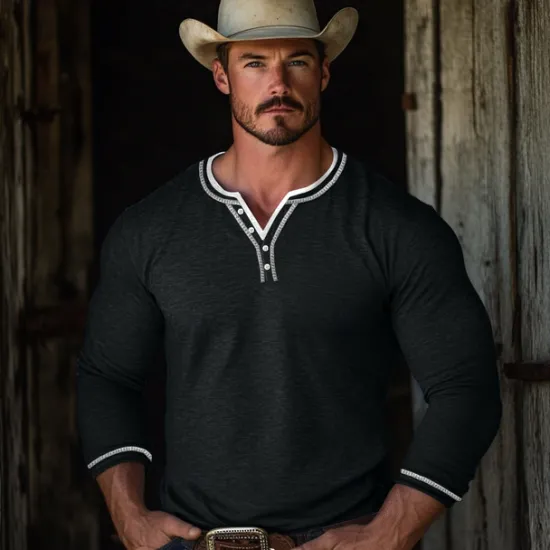 Outlet OUKU Men's Henley Shirt Tee Top Long Sleeve Patchwork Designer Retro Vintage Basic Button Up Fake two piece Henley Vacation Street Casual Daily Summer Black Blue Green Henley T-Shirt