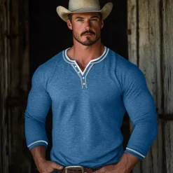 Outlet OUKU Men's Henley Shirt Tee Top Long Sleeve Patchwork Designer Retro Vintage Basic Button Up Fake two piece Henley Vacation Street Casual Daily Summer Black Blue Green Henley T-Shirt