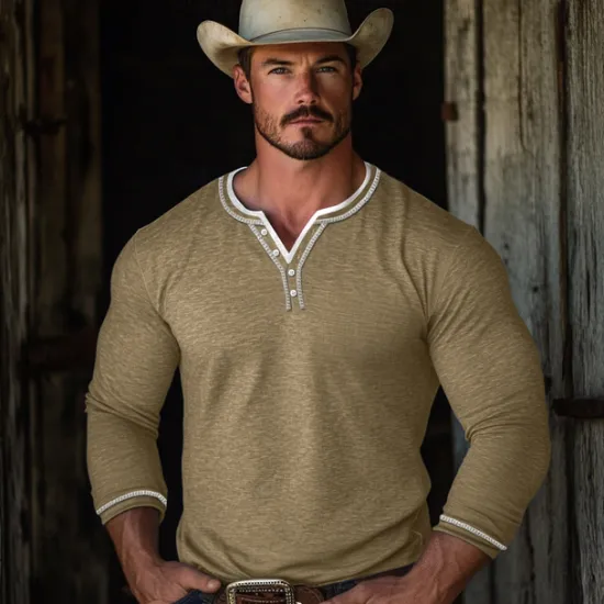 Outlet OUKU Men's Henley Shirt Tee Top Long Sleeve Patchwork Designer Retro Vintage Basic Button Up Fake two piece Henley Vacation Street Casual Daily Summer Black Blue Green Henley T-Shirt