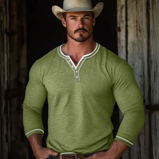 Outlet OUKU Men's Henley Shirt Tee Top Long Sleeve Patchwork Designer Retro Vintage Basic Button Up Fake two piece Henley Vacation Street Casual Daily Summer Black Blue Green Henley T-Shirt