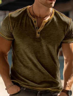 Best OUKU Men's Henley Shirt Tee Top Plain Raglan Sleeve Henley Street Vacation Short Sleeves Clothing Apparel Fashion Designer Basic