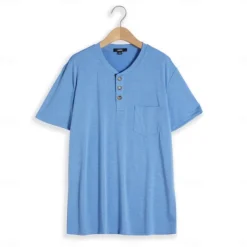 Clearance OUKU Men's Henley Shirt Tee Top Plain Henley Street Vacation Short Sleeve Button Pocket Clothing Apparel Fashion Designer Basic