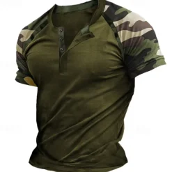 Outlet OUKU Men's Henley Shirt Tee Top Short Sleeve Color Block Fashion Designer Comfortable Buttons Henley Outdoor Casual Daily Summer Army Green Blue Grey Henley T-Shirt