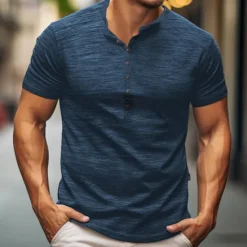 Outlet OUKU Men's Henley Shirt Tee Top Plain Henley Street Vacation Short Sleeves Clothing Apparel Fashion Designer Basic