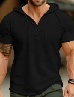 OUKU Men's Henley Shirt Tee Top Plain Hooded Street Vacation Short Sleeves Clothing Apparel Fashion Designer Basic