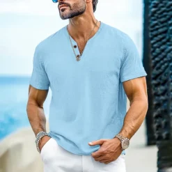 OUKU Men's Henley Shirt Tee Top Short Sleeves Plain Fashion Designer Basic Buttons V Neck V Neck Vacation Street Going out Summer Black White Light Blue Henley T-Shirt