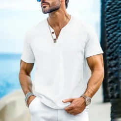 OUKU Men's Henley Shirt Tee Top Short Sleeves Plain Fashion Designer Basic Buttons V Neck V Neck Vacation Street Going out Summer Black White Light Blue Henley T-Shirt