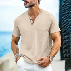 OUKU Men's Henley Shirt Tee Top Short Sleeves Plain Fashion Designer Basic Buttons V Neck V Neck Vacation Street Going out Summer Black White Light Blue Henley T-Shirt